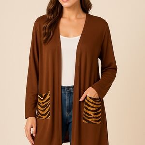 LuLaRoe Caroline Brown Oversized Cardigan Size L Tiger Print Pockets Lagenlook